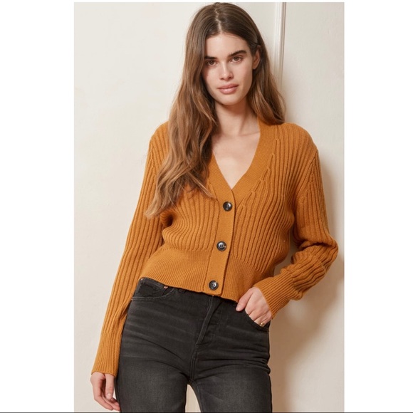 Pick Camel Ribbed Knit Cardigan Sweater 